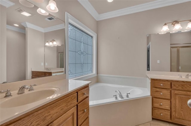 bathroom with vanity, tile patterned flooring, ornamental molding, and plus walk in shower