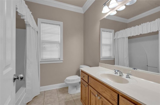 full bathroom featuring shower / tub combo, tile patterned flooring, toilet, vanity, and ornamental molding