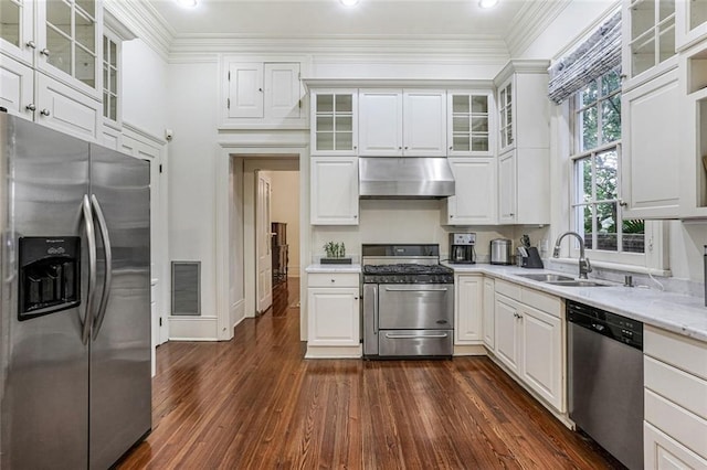 kitchen with white cabinetry, appliances with stainless steel finishes, sink, and exhaust hood