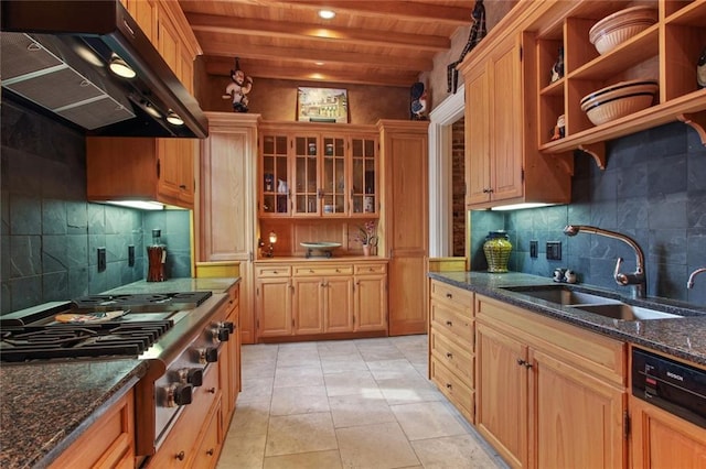 kitchen with black dishwasher, decorative backsplash, stainless steel gas stovetop, range hood, and wood ceiling