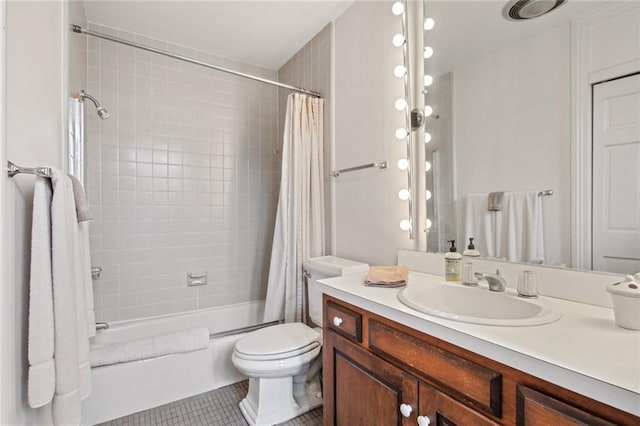 full bathroom with toilet, tile patterned flooring, shower / bath combo, and vanity