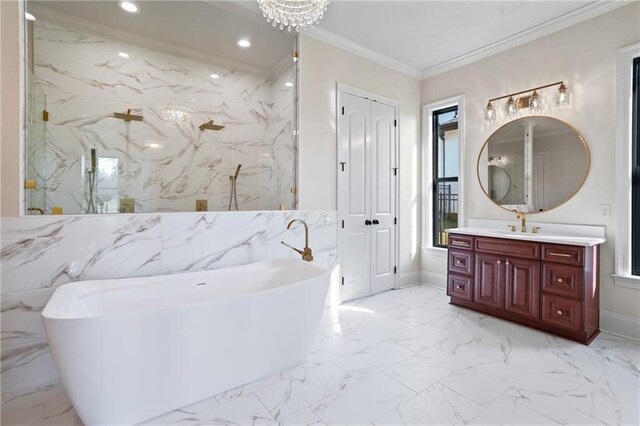 bathroom featuring vanity, separate shower and tub, a chandelier, and crown molding