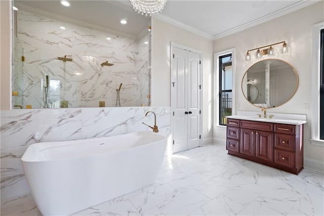 bathroom featuring crown molding, shower with separate bathtub, and vanity