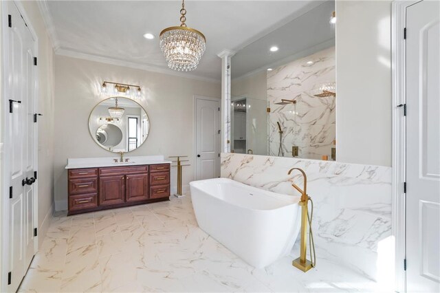 bathroom with vanity, a chandelier, independent shower and bath, and crown molding