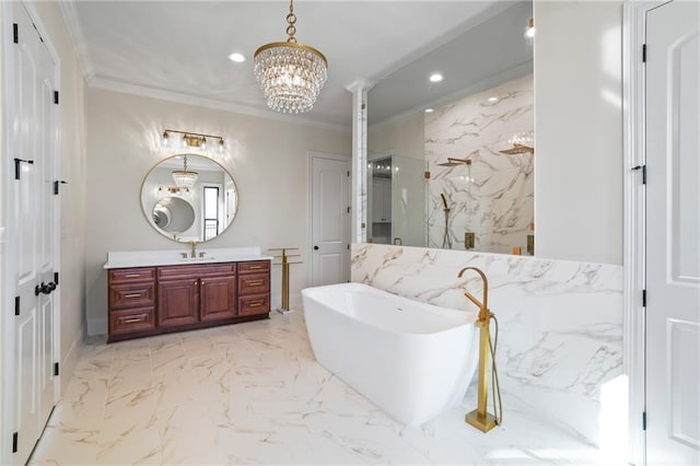 bathroom with plus walk in shower, an inviting chandelier, vanity, and crown molding