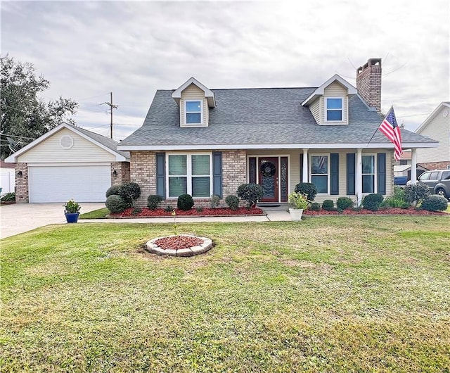 cape cod home with a garage, a porch, and a front lawn