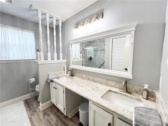 bathroom featuring a shower with door, plenty of natural light, vanity, and wood-type flooring