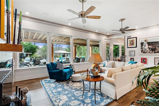 112 Bayou Perez Dr, Madisonville, LA 70447 - living room featuring ceiling fan, ornamental molding, recessed lighting, wood finished floors, and baseboards