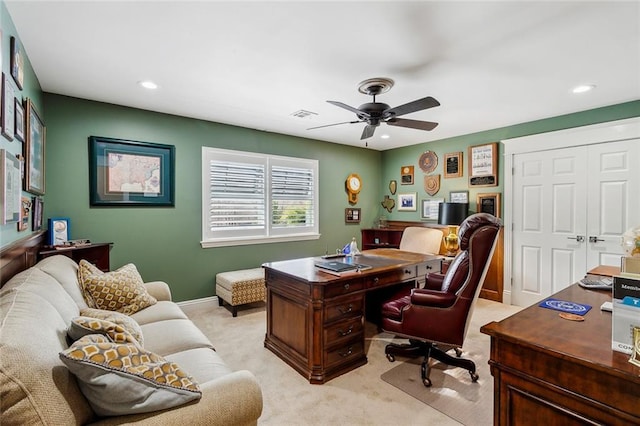 112 Bayou Perez Dr, Madisonville, LA 70447 - office with recessed lighting, light carpet, a ceiling fan, and baseboards