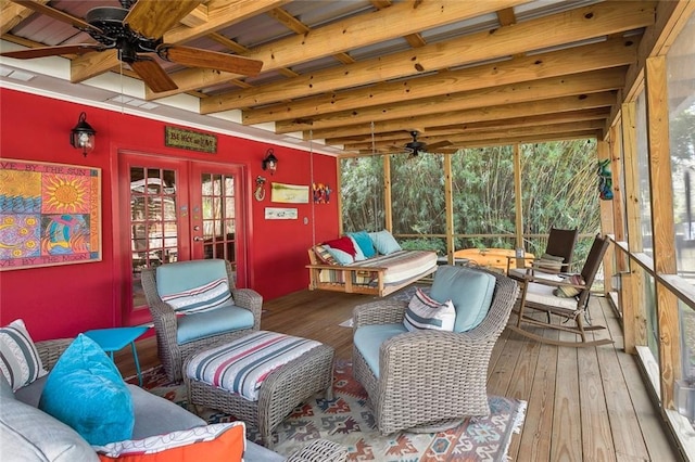 112 Bayou Perez Dr, Madisonville, LA 70447 - sunroom featuring ceiling fan, french doors, an outdoor hangout area, and beam ceiling