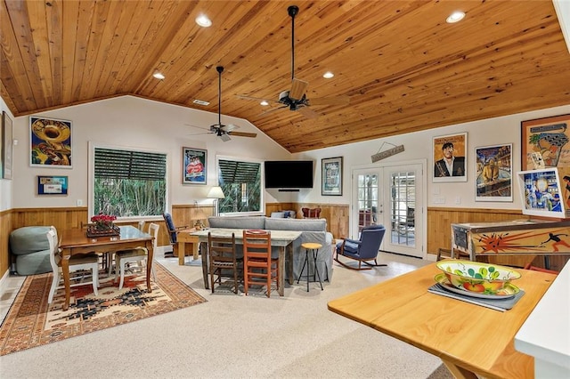 112 Bayou Perez Dr, Madisonville, LA 70447 - living room featuring a wainscoted wall, wooden ceiling, light carpet, vaulted ceiling, and french doors
