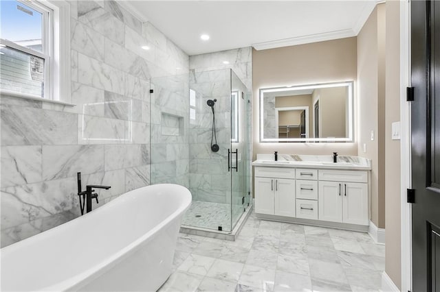 bathroom with separate shower and tub, crown molding, and vanity