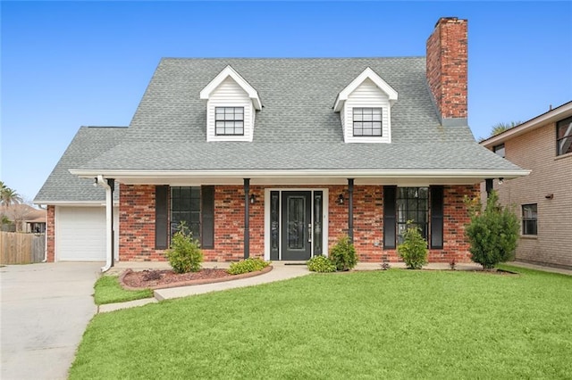 view of front of property with a garage, covered porch, and a front lawn