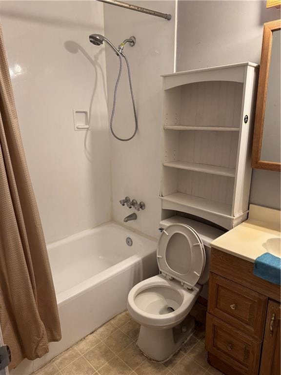 full bathroom featuring toilet, vanity, tile patterned floors, and shower / bath combination with curtain