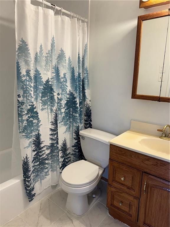 756 Mystic Ave, Gretna, LA 70056 - bathroom featuring toilet, marble finish floor, shower / tub combo, and vanity