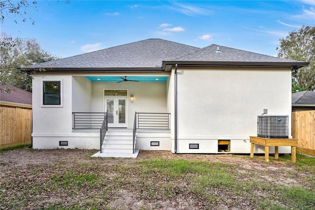 back of property featuring ceiling fan, central air condition unit, and french doors