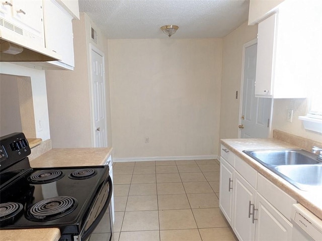 kitchen featuring black range with electric cooktop, dishwasher, light countertops, white cabinets, and a sink