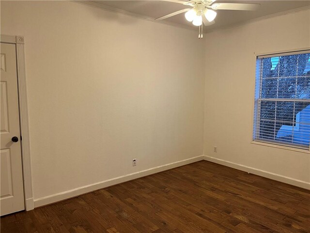 unfurnished room with ceiling fan, crown molding, and dark hardwood / wood-style floors