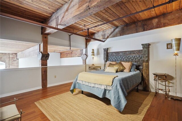 bedroom with wooden ceiling and wood-type flooring