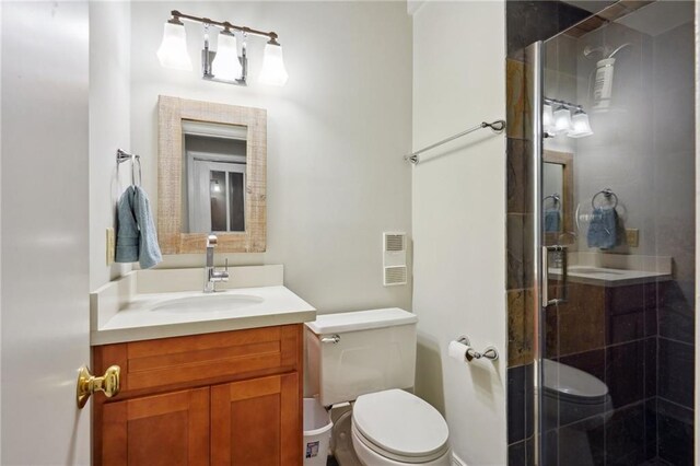 bathroom with toilet, vanity, and walk in shower