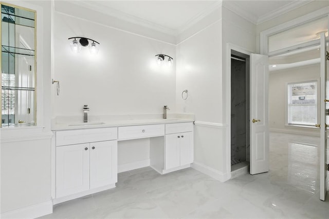 bathroom with vanity and crown molding