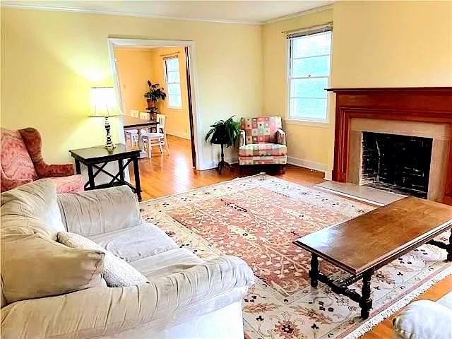 living room with light hardwood / wood-style floors, a wealth of natural light, and ornamental molding