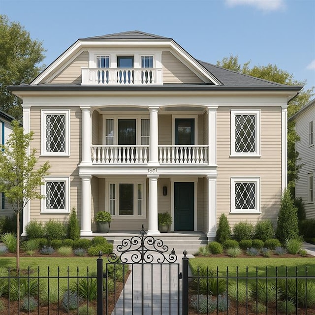 7917 Sycamore St, New Orleans, LA 70118 - neoclassical home featuring a balcony, covered porch, and a gate