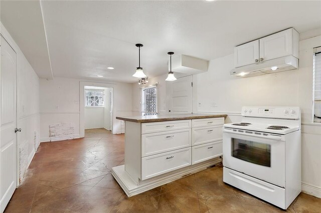 kitchen featuring electric range, hanging light fixtures, white cabinets, and a center island