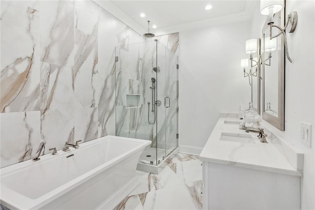 full bath with a marble finish shower, double vanity, a soaking tub, marble finish floor, and a sink