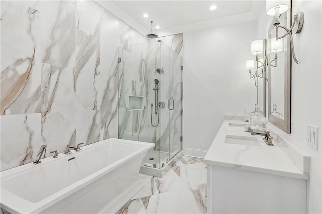 1012 Athania Pkwy, Metairie, LA 70001 - full bath featuring a marble finish shower, recessed lighting, a freestanding bath, marble finish floors, and double vanity