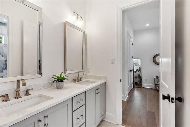 bathroom with double vanity, wood finished floors, baseboards, and a sink