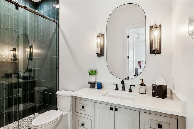 bathroom with a shower stall, toilet, and vanity