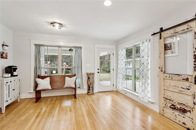 interior space featuring a barn door