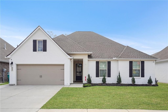 view of front of property featuring a front lawn and a garage