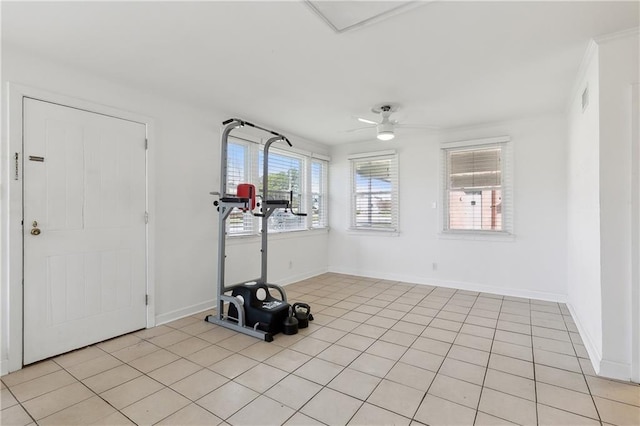 interior space featuring ceiling fan and light tile patterned floors