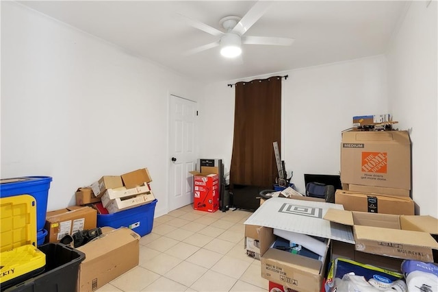 office area with ceiling fan and light tile patterned floors