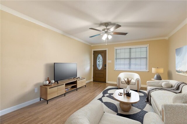 living room featuring ceiling fan, crown molding, and light hardwood / wood-style flooring