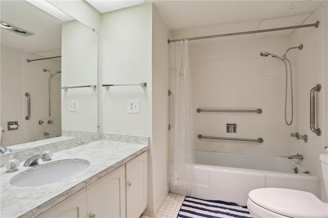 full bathroom featuring toilet, vanity, shower / tub combo with curtain, and tile patterned floors