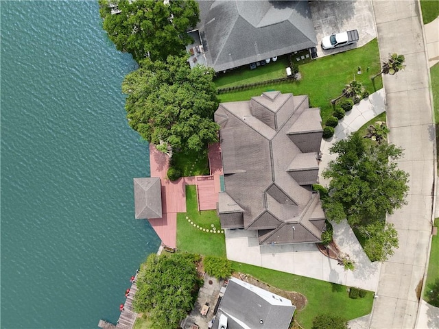 drone / aerial view with a water view