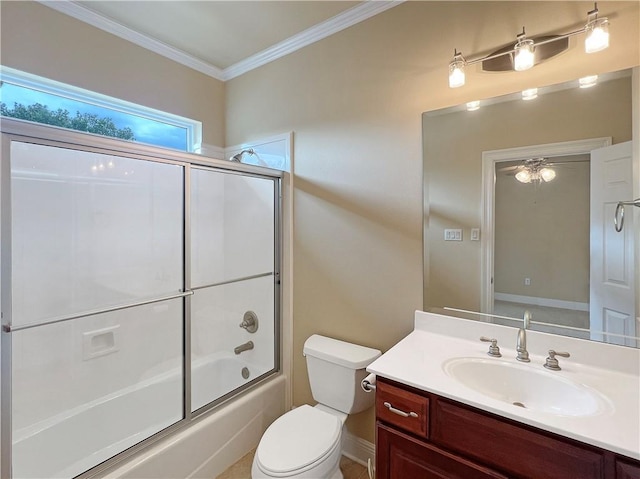 full bathroom with bath / shower combo with glass door, vanity, crown molding, and toilet