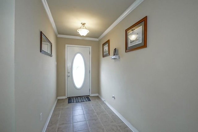 doorway to outside with light tile patterned floors and crown molding