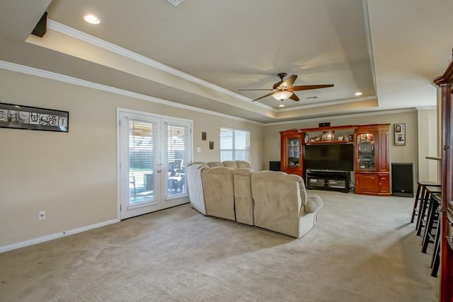 111 Judy Ct, Montz, LA 70068 - living area featuring a raised ceiling, ornamental molding, light carpet, ceiling fan, and recessed lighting