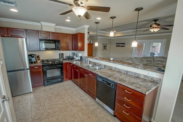 kitchen featuring black appliances, light tile patterned flooring, hanging light fixtures, crown molding, and sink