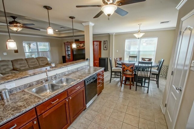 kitchen featuring dishwasher, sink, crown molding, and pendant lighting