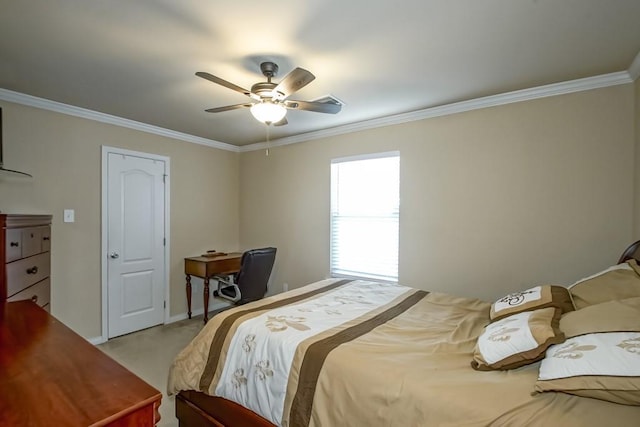 carpeted bedroom with ceiling fan and ornamental molding