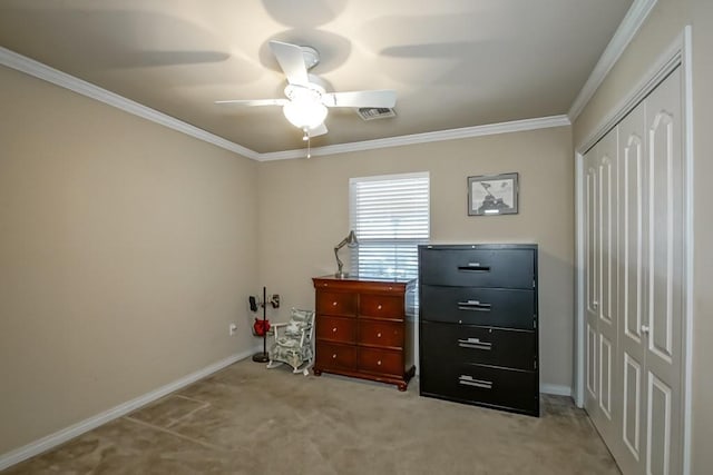 interior space with light carpet, ceiling fan, and crown molding