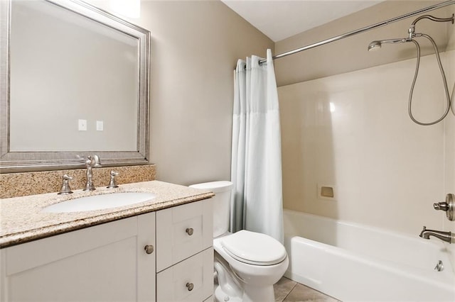 full bathroom featuring vanity, shower / tub combo, tile patterned floors, and toilet