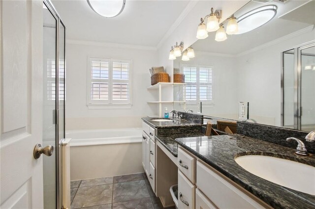 bathroom featuring vanity, ornamental molding, and plus walk in shower