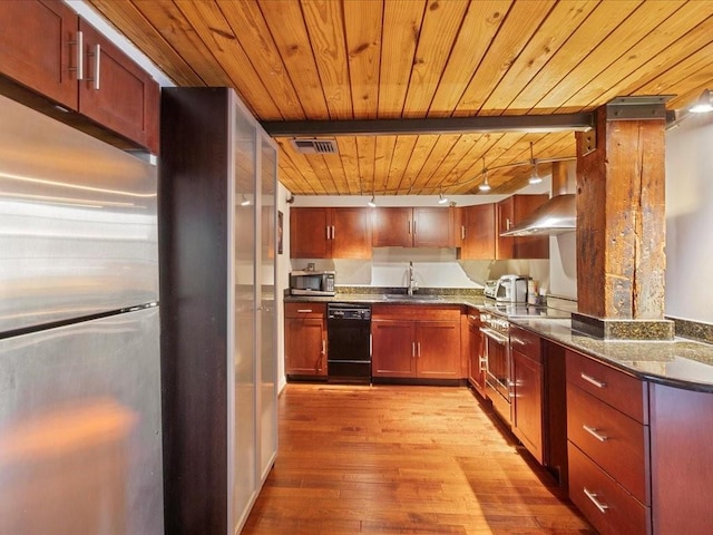 kitchen featuring stainless steel appliances, visible vents, light wood-style floors, wood ceiling, and wall chimney range hood