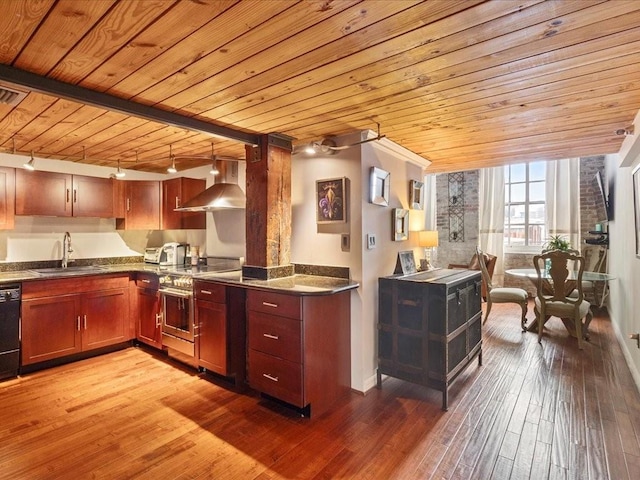 kitchen with light wood-style floors, stainless steel range with electric cooktop, a sink, wall chimney range hood, and dishwasher